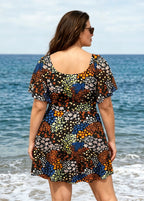 Black Floral Square Neck Mesh Short Sleeves Modest Ruffle Plus Size Swimsuit Swimdress Set