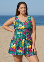 Green Floral Scoop Neck Sleeveless Flattering Cross Back Plus Size Women's Swimsuit Swimdress Set