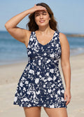 Curvy Navy Floral Scoop Neck Sleeveless Modest Cross Back Women's Swimsuit Swimdress Set