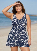 Curvy Navy Floral Scoop Neck Sleeveless Modest Cross Back Women's Swimsuit Swimdress Set