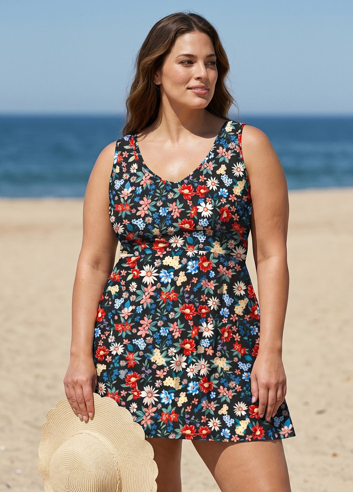 Plus Size Black Floral Scoop Neck Sleeveless Vintage Cross Back Women's Swimsuit Swimdress Set