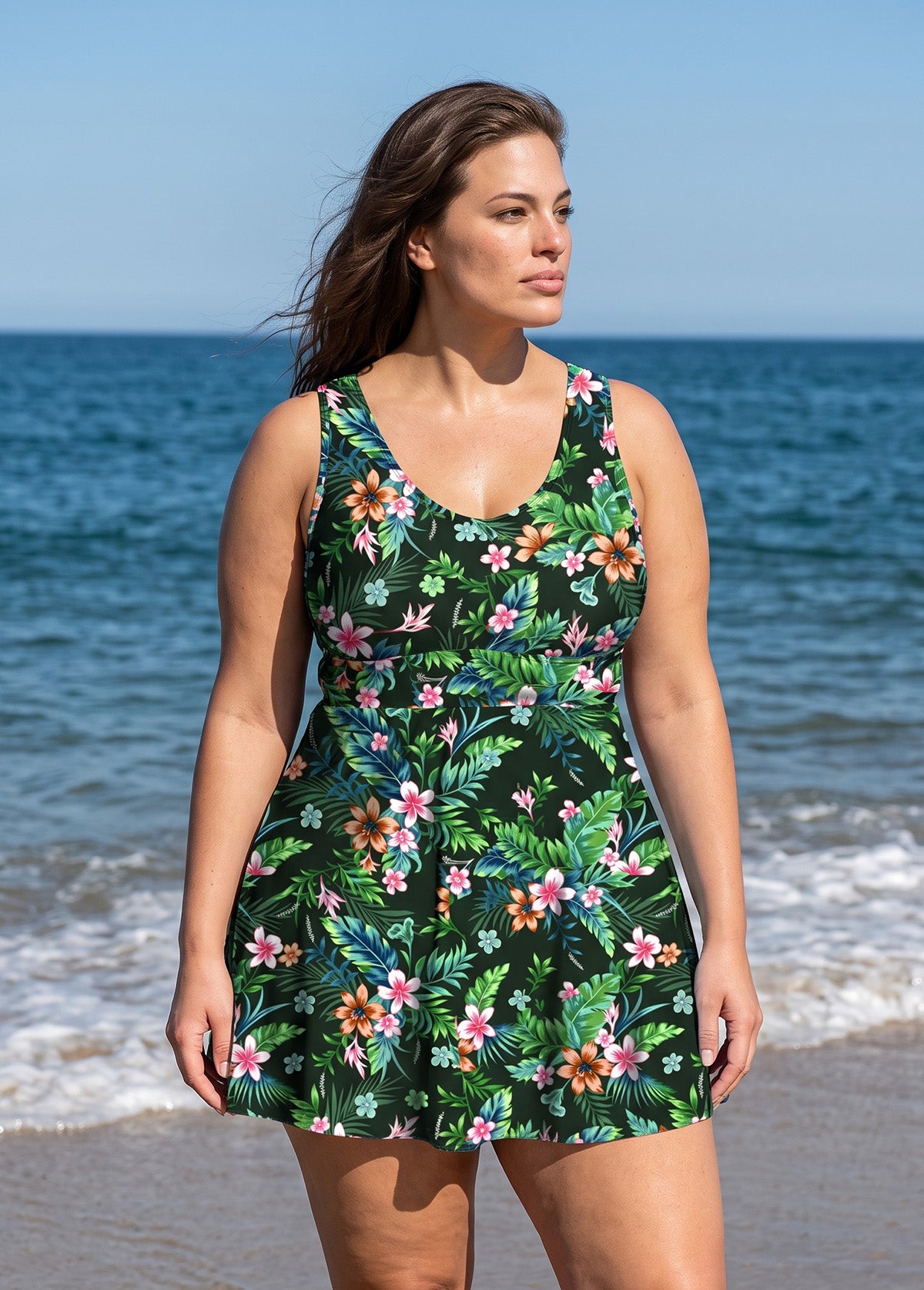 Curvy Green Floral Print Scoop Neck Sleeveless Vintage Cross Back Swimsuit Swimdress Set