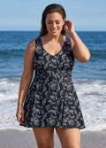Curvy Black Floral Print Scoop Neck Sleeveless Modest Cross Back Swimsuit Swimdress Set