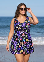 Purple Floral Print Scoop Neck Sleeveless Flattering Cross Back Plus Size Swimsuit Swimdress Set