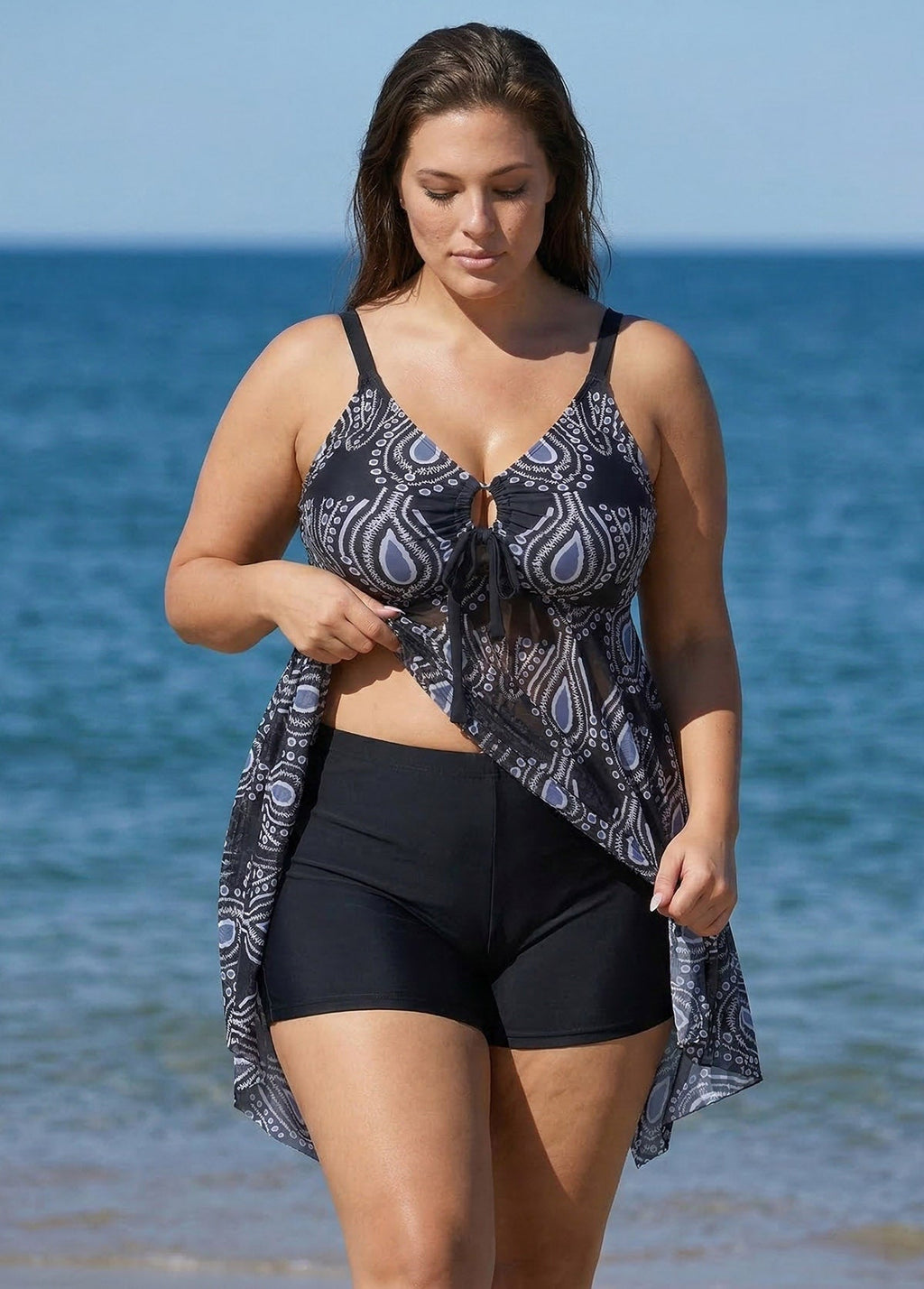 Mesh Print Tie-Front Drawstring Asymmetrical Hem Graceful Swimdress Set