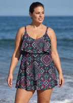 Curvy Black Paisley Print Layered Ruffle Trim Adjustable Strap Elegant One Piece Swimdress