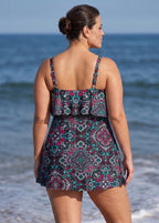 Curvy Black Paisley Print Layered Ruffle Trim Adjustable Strap Elegant One Piece Swimdress