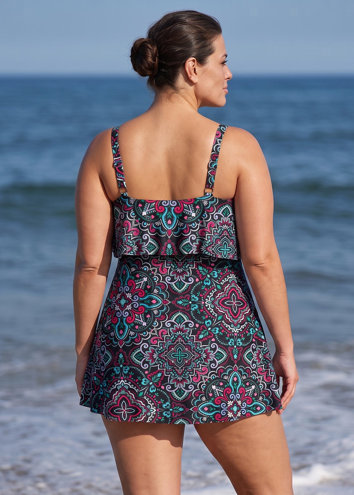 Curvy Black Paisley Print Layered Ruffle Trim Adjustable Strap Elegant One Piece Swimdress
