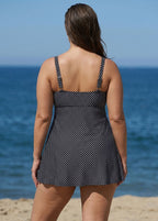 Women's Black Polka Dot Tie Front Modest One Piece Swimdress
