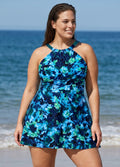 Navy Floral High Neck Vintage Ruched Plus Size Women's Swimsuit Swimdress Set