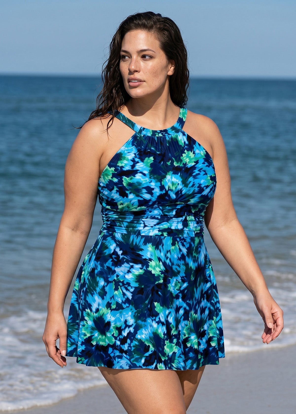 Navy Floral High Neck Vintage Ruched Plus Size Women's Swimsuit Swimdress Set