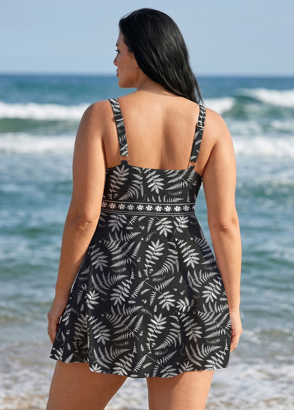 Plus Size Black Floral Fern Print V Neck Sleeveless Modest Women's Swimsuit Swimdress Set
