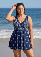 Curvy Navy Floral Print V Neck Sleeveless Flattering Women's Swimsuit Swimdress Set