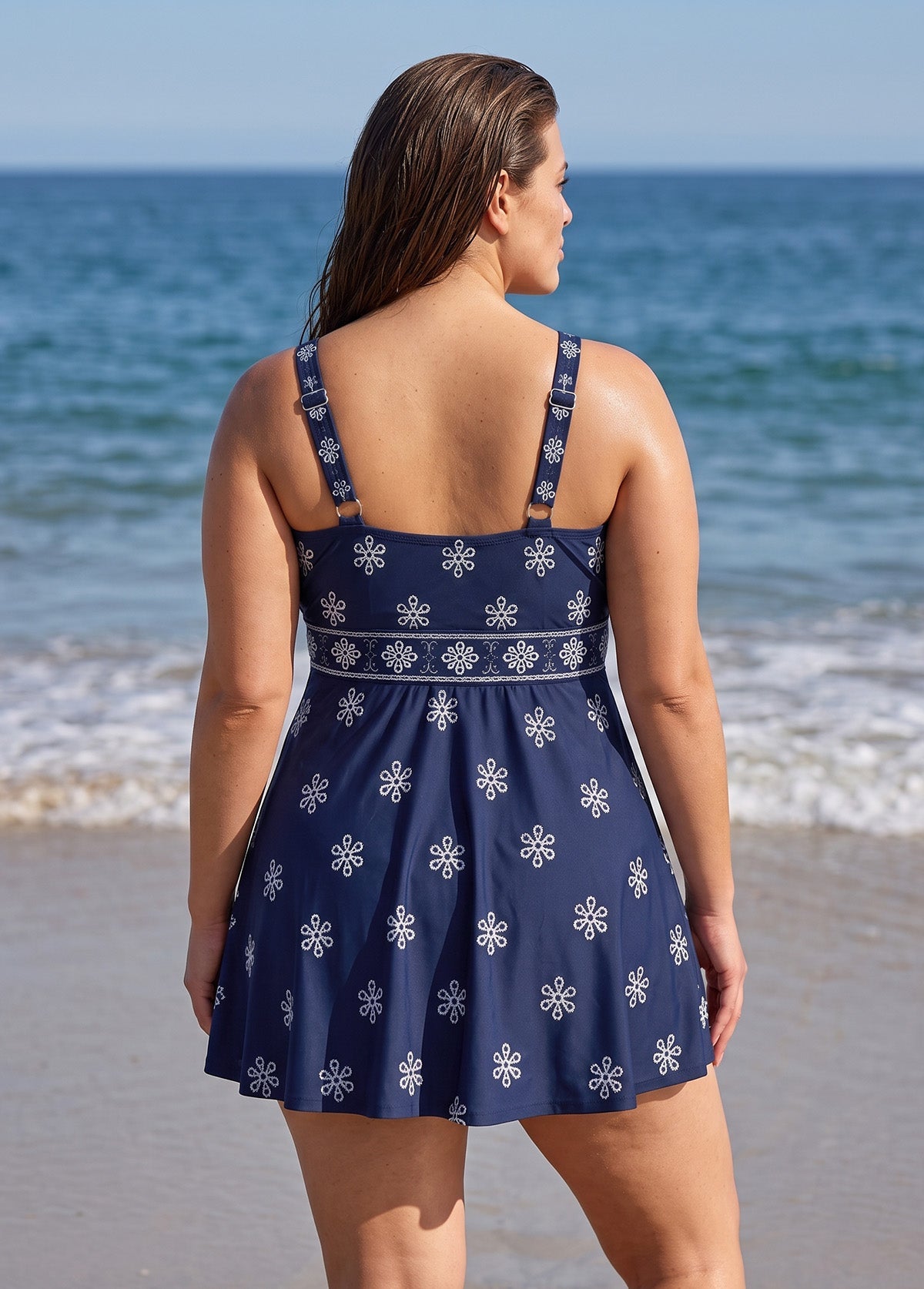 Curvy Navy Floral Print V Neck Sleeveless Flattering Women's Swimsuit Swimdress Set