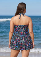 Black Floral Vintage Botanical Print Modest Halter Curvy Skirted One Piece Swimdress