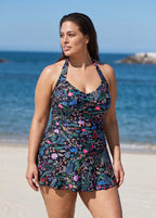 Black Floral Vintage Botanical Print Modest Halter Curvy Skirted One Piece Swimdress