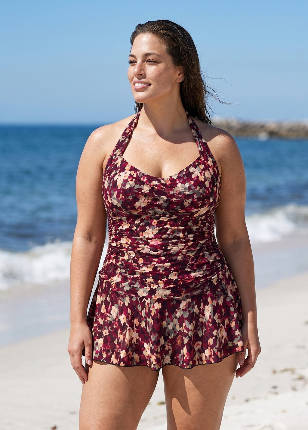 Plum Watercolor Print Halter V Neck Flattering Ruched Curvy Women's One Piece Swimdress