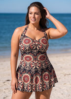 Plus Size Black Boho Floral Halter V Neck Modest Ruched Women's One Piece Swimdress