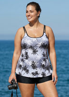 Plus Size Black And White Plants Print Double Straps Modest Tankini Top