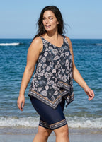 Black Vintage Floral Print Modest Asymmetrical Hem Curvy Swimsuit Two Piece Long Tankini Set