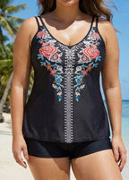 Plus Size Tribal Printed Adjustable Straps Tankini Top