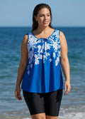 Blue Floral Modest Padded Wide Strap Loose Fit Curvy Women's Swimsuit Long Tankini Top