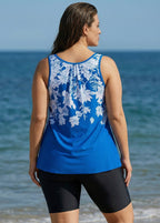 Blue Floral Modest Padded Wide Strap Loose Fit Curvy Women's Swimsuit Long Tankini Top