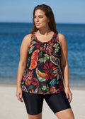 Plus Size Black Tropical Floral Print Scoop Neck Wide Strap Padded Women's Swimsuit Tankini Top