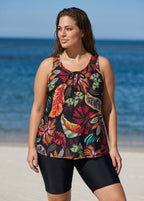 Plus Size Black Tropical Floral Print Scoop Neck Wide Strap Padded Women's Swimsuit Tankini Top
