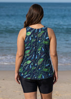 Navy Leaf Scoop Neck Wide Strap Vintage Padded Curvy Women's Swimsuit Tankini Top