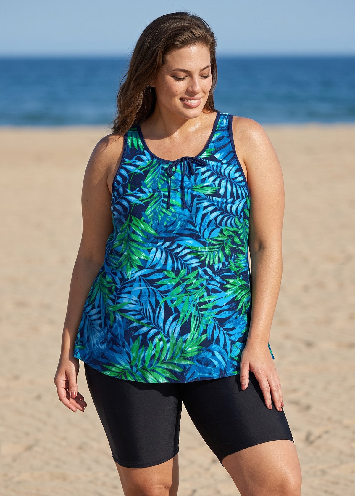 Navy Leaf Scoop Neck Wide Strap Vintage Padded Loose Fit Plus Size Swimsuit Tankini Top