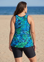 Navy Leaf Scoop Neck Wide Strap Vintage Padded Loose Fit Plus Size Swimsuit Tankini Top
