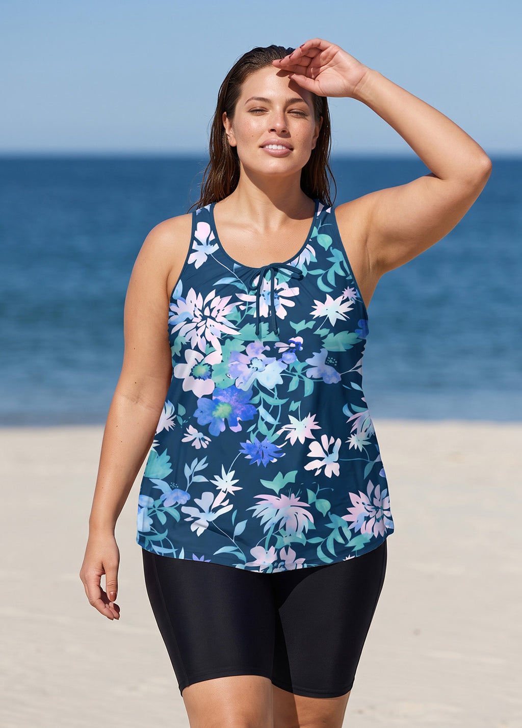 Navy Floral Print Scoop Neck Wide Strap Flattering Padded Loose Fit Curvy Swimsuit Tankini Top