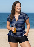 Plus Size Zip Front Striped Short Sleeves Rash Guard Tankini Top