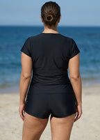 Black Plus Size Zip Front Short Sleeve Side Drawstring Tankini Top