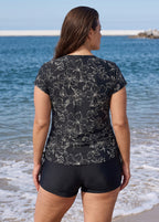 Black Floral Upf50+ Short Sleeves Zipper Drawstring Curvy Swimsuit Rash Guards Tankini Top
