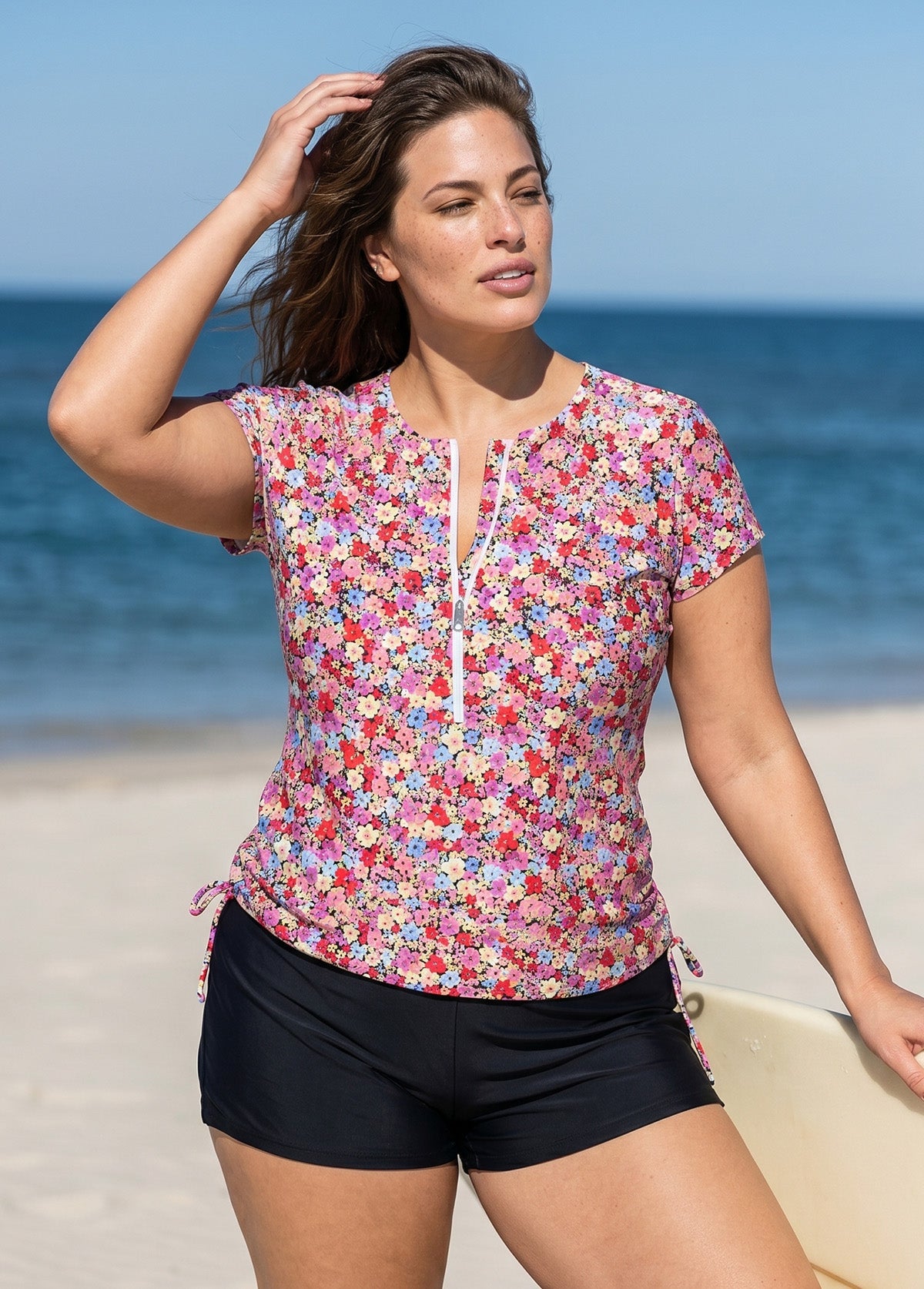 Curvy Pink Floral UPF50+ Short Sleeves Zipper Drawstring Women's Swimsuit Tankini Top