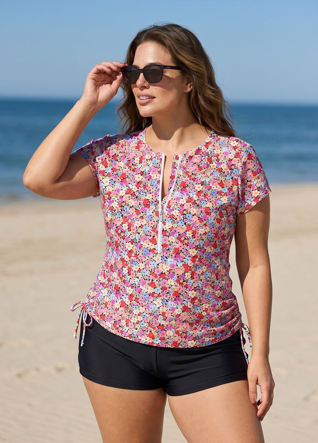 Curvy Pink Floral UPF50+ Short Sleeves Zipper Drawstring Women's Swimsuit Tankini Top