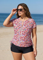 Curvy Pink Floral UPF50+ Short Sleeves Zipper Drawstring Women's Swimsuit Tankini Top