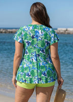 Floral Pattern Tie Front Ruffled Flowy Short Sleeves Tankini Set