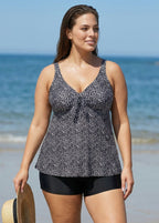 Plus Size Black Polka Dot Print Modest Swimsuits Tankini Top