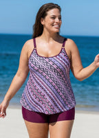 Plus Size Romantic Purple Geometric Casual Tankini Set
