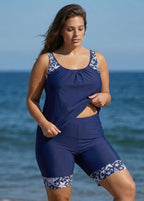 Plus Size Navy Graphic Print Round Neck Tankini Set