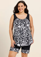 Black White Geometric Scoop Neck Flattering Padded Curvy Women's Swimsuit Tankini Set