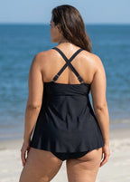 Black Twist Front Plus Size Modest Fashion Tankini Swimsuit Top