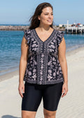Yellow Floral Print V Neck Cap Sleeves Vintage Ruffle Plus Size Women's Swimsuit Tankini Top