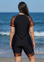 Red Tropical Floral Upf50+ Short Sleeves Plus Size Swimsuit Shirt Two Piece Tankini Set