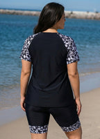 Plus Size Black Floral High Neck Upf50+ Short Sleeves Swimsuit Shirt Two Piece Tankini Set