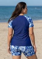 Curvy Blue Tie Dye Print High Neck Upf50+ Short Sleeves Swimsuit Shirt Two Piece Tankini Set