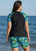 Green Floral Print Upf50+ Short Sleeves Flattering Plus Size Women's Swimsuit Tankini Set